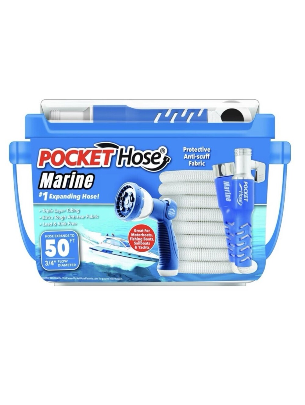 Pocket Hose Marine 50FT Expandable Garden RV Boat Hose 3/4” w/ Turbo Nozzle